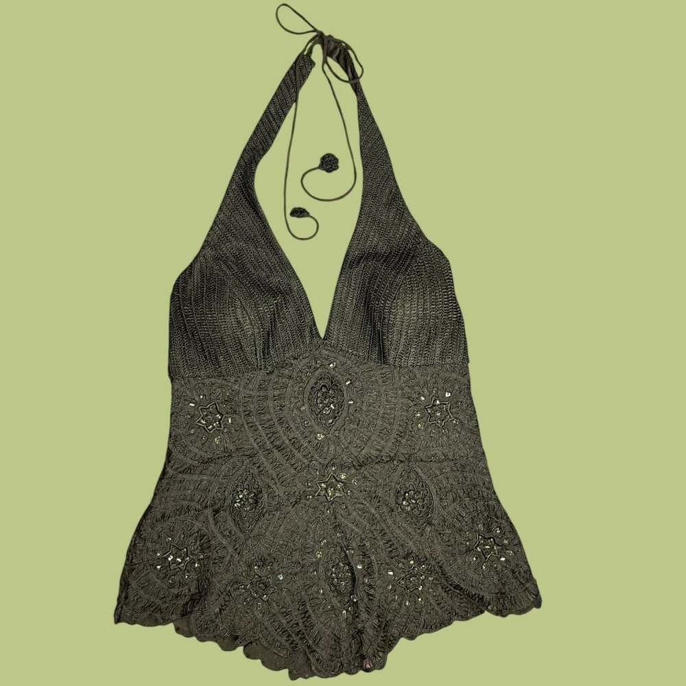Vintage Y2K Cache Silk Embroidered & Beaded Halter Top